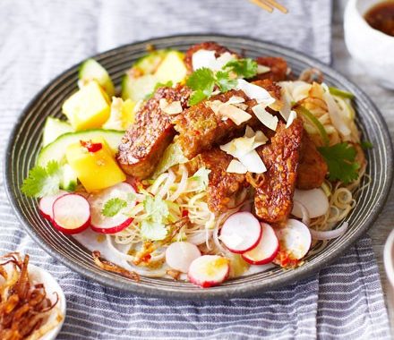 Sticky tempeh, mango & lime noodle salad recipe