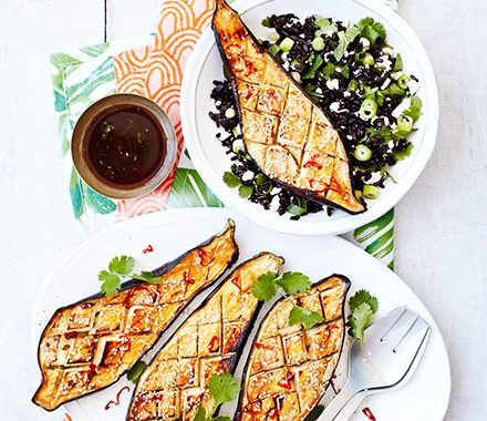Tamarind aubergine with black rice, mint & feta recipe