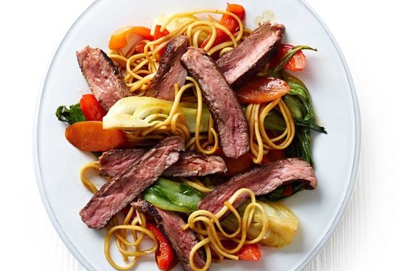 Teriyaki steak with pak choi & noodles recipe