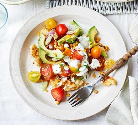 Tomato, avocado & corn salad with migas & buttermilk dressing recipe 