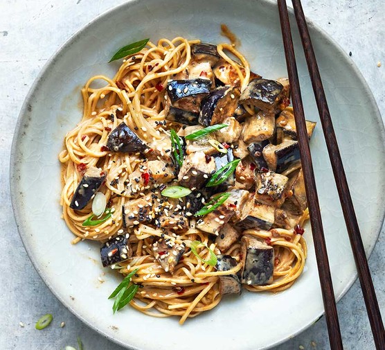 Aubergine & sesame dan-dan-style noodles recipe 