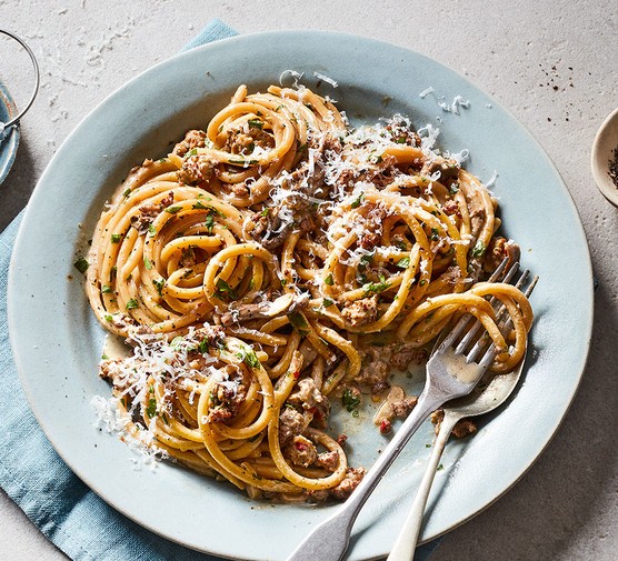 Bucatini with mushrooms & sausage recipe 