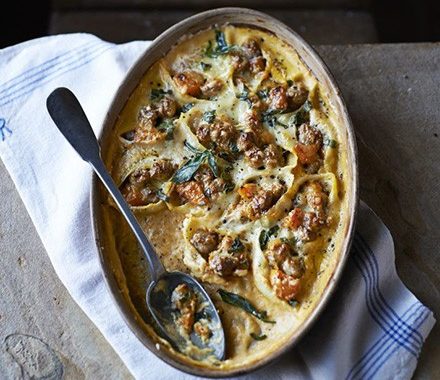Baked conchiglioni with sausage, sage & butternut squash recipe