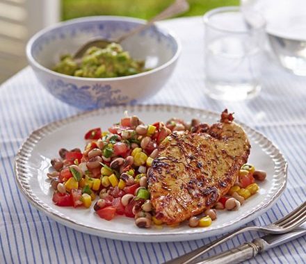 Cajun grilled chicken with lime black-eyed bean salad & guacamole recipe