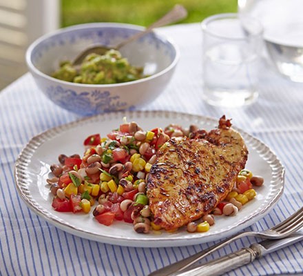 Cajun grilled chicken with lime black-eyed bean salad & guacamole recipe 