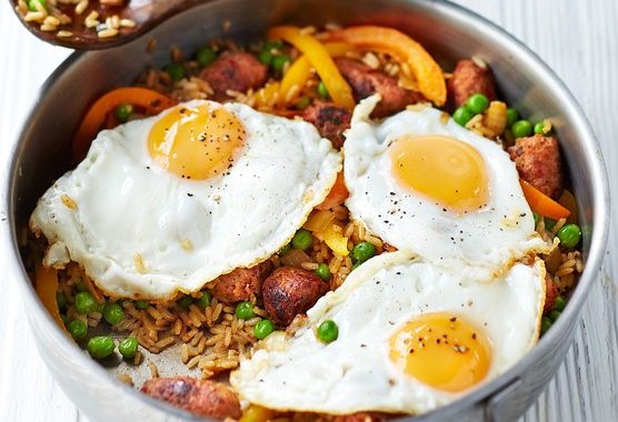 Cajun rice with chorizo meatballs & fried eggs recipe
