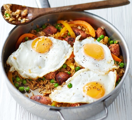 Cajun rice with chorizo meatballs & fried eggs recipe 