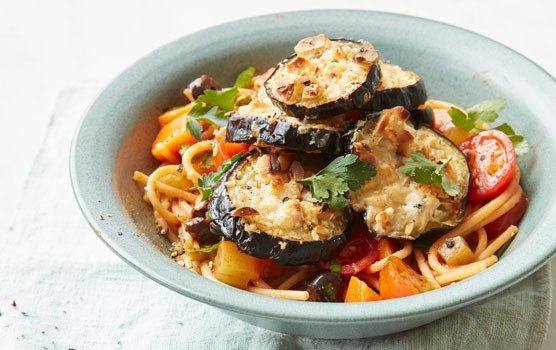 Cheesy aubergine & tomato spaghetti recipe