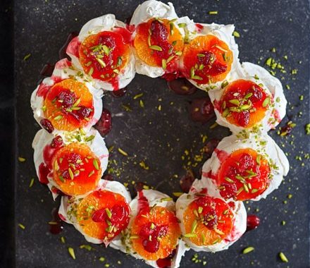 Clementine, cranberry & pistachio meringue wreath recipe