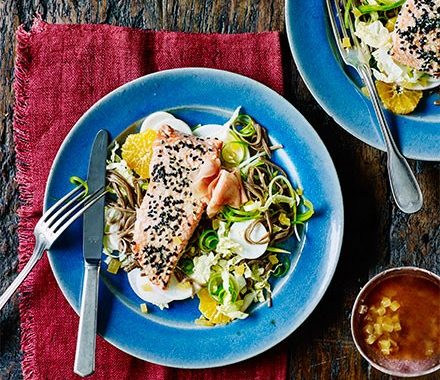 Crispy salmon with turnip, mandarin & noodle salad recipe