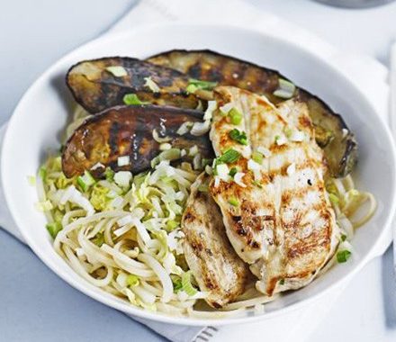 Ginger noodles with chicken & hoisin aubergines recipe