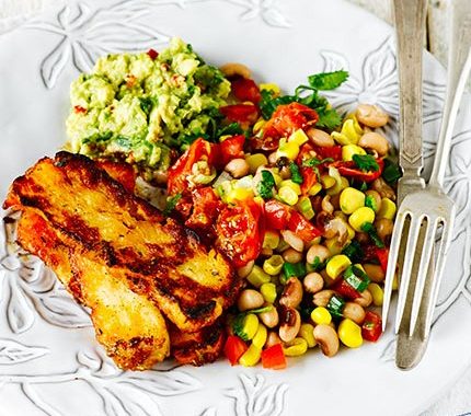 Cajun grilled halloumi with lime black-eyed bean salad & guacamole recipe
