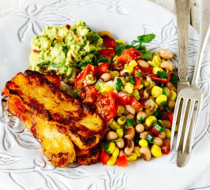 Cajun grilled halloumi with lime black-eyed bean salad & guacamole recipe 