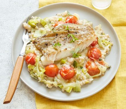 Leek, tomato & barley risotto with pan-cooked cod recipe