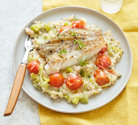 Leek, tomato & barley risotto with pan-cooked cod recipe 