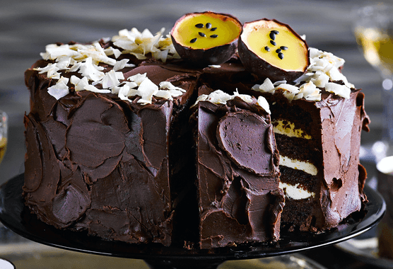 Dark chocolate, coconut & passion fruit mousse cake recipe