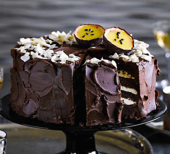 Dark chocolate, coconut & passion fruit mousse cake recipe 