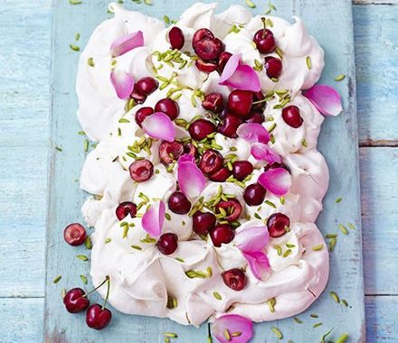 Cherry, rose & pistachio pavlova traybake recipe