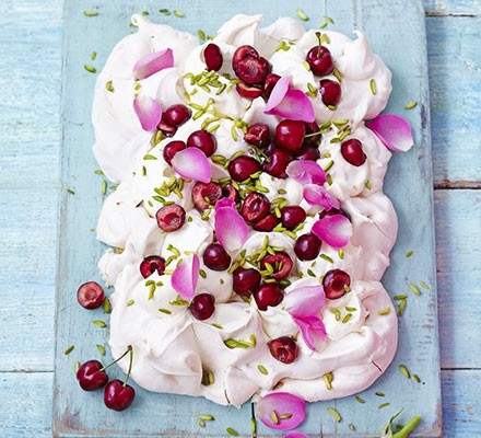 Cherry, rose & pistachio pavlova traybake recipe 