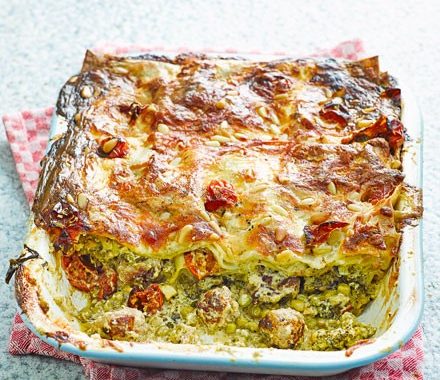 Pea, pesto & sausage lasagne recipe