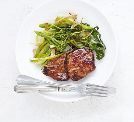 Hoisin pork with garlic & ginger greens recipe 