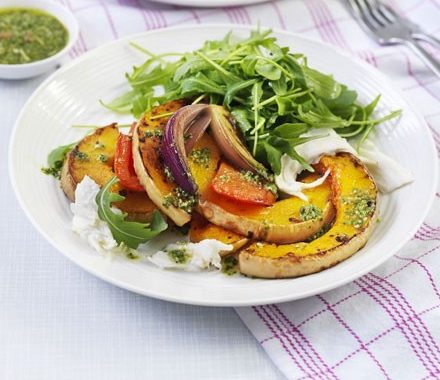 Roasted squash with pesto & mozzarella recipe