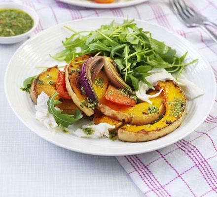 Roasted squash with pesto & mozzarella recipe 