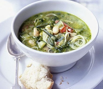 Spring vegetable soup with basil pesto recipe