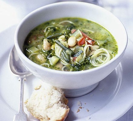 Spring vegetable soup with basil pesto recipe 