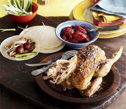 Shredded sesame chicken pancakes with spiced plum sauce recipe