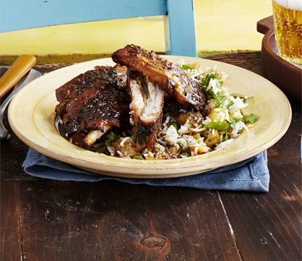 Sticky jerk & brown sugar ribs with pineapple rice recipe