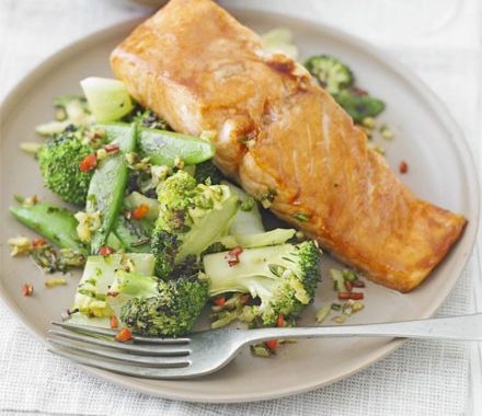 Sticky salmon with Chinese greens recipe