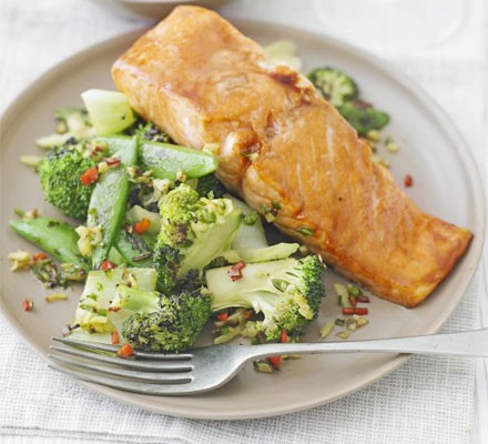 Sticky salmon with Chinese greens recipe 
