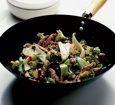 Spiced pork with stir-fried greens recipe 