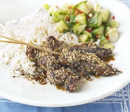 Sesame beef skewers with cucumber salad recipe