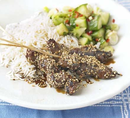 Sesame beef skewers with cucumber salad recipe 