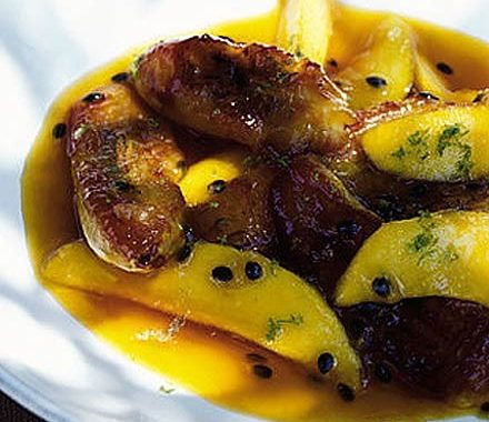 Bananas with mango & passion fruit caramel recipe