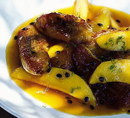 Bananas with mango & passion fruit caramel recipe 
