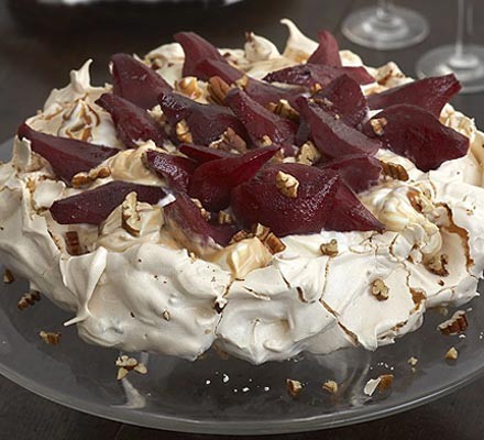 Pecan toffee meringue with mulled pears recipe 