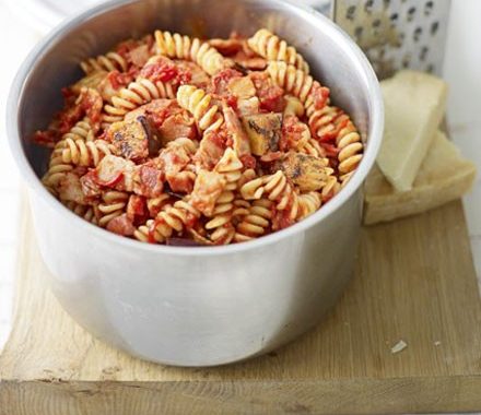 Aubergine, chilli & bacon pasta recipe
