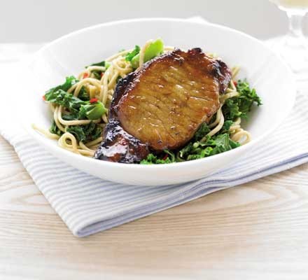 Sticky pork with gingered noodles & kale recipe 