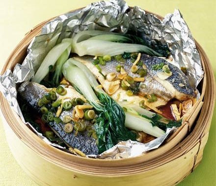 Steamed bass with pak choi recipe