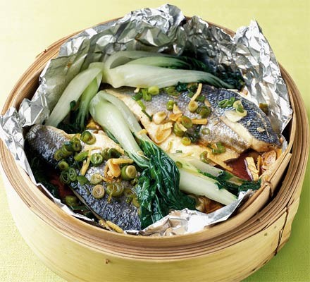 Steamed bass with pak choi recipe 