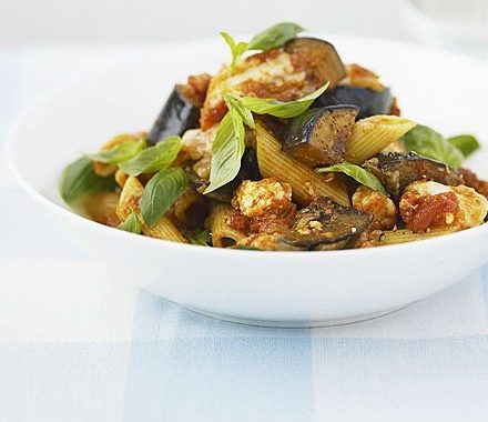 Aubergine & goat's cheese pasta recipe