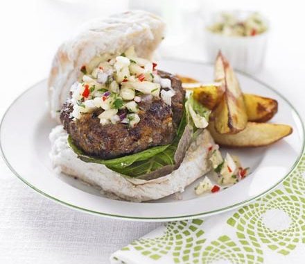 Jerk beefburger with pineapple relish & chips recipe