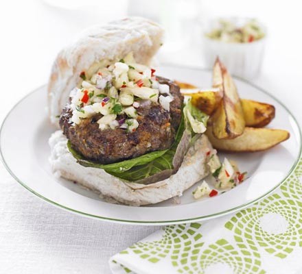 Jerk beefburger with pineapple relish & chips recipe 
