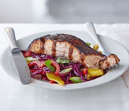 Sticky jerk salmon with mango slaw recipe