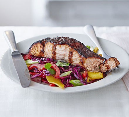Sticky jerk salmon with mango slaw recipe 