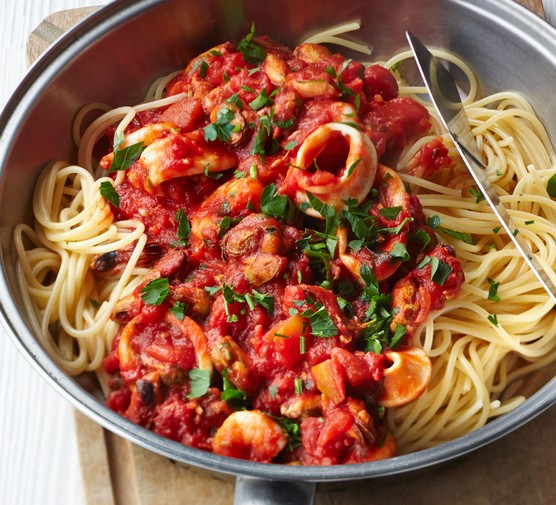 Spaghetti with smoky tomato & seafood sauce recipe 