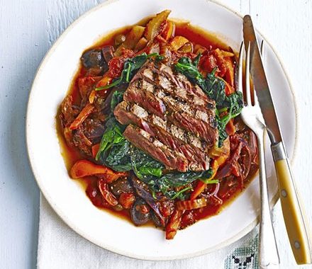 Seared steak with celery & pepper caponata recipe